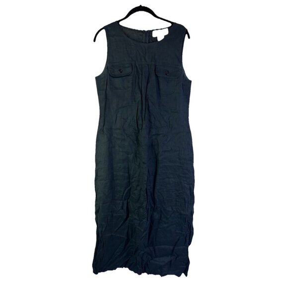 Vintage 90s Linen Button Front Pocket Midi Shirt Dress Navy Blue - Picture 1 of 6